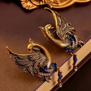 Majestic Gold and Blue Bird Earrings